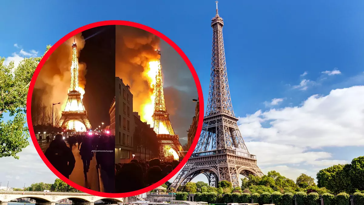 Płonąca wieża Eiffla w Paryżu