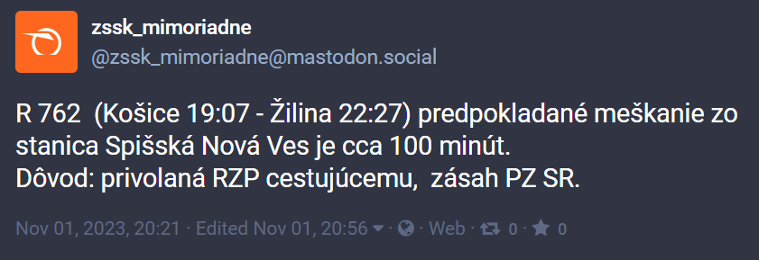 ZSSK informuje na sociálnej sieti.