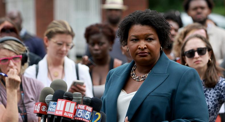 Democratic gubernatorial candidate Stacey Abrams speaks to the media during a press conference, May 24, 2022