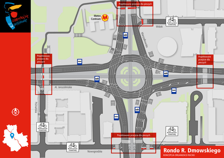 Za rok w okolicy ronda Dmowskiego mają powstać cztery przejścia dla pieszych
