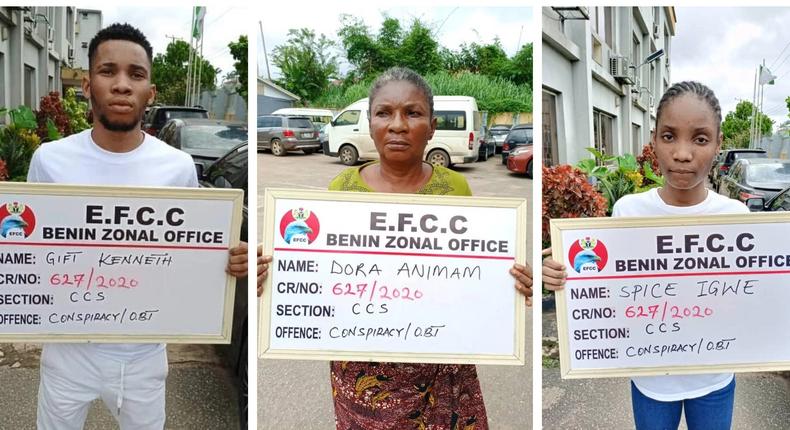 L-R  Gift Kenneth, his mother, Dora Animam, and girlfriend, Dandy Spice Igwe [EFCC]