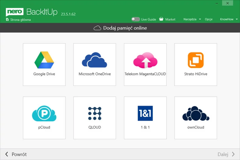Możliwe jest również zabezpieczanie w chmurze – do wyboru mamy dziewięć usług chmurowych, w tym OneDrive