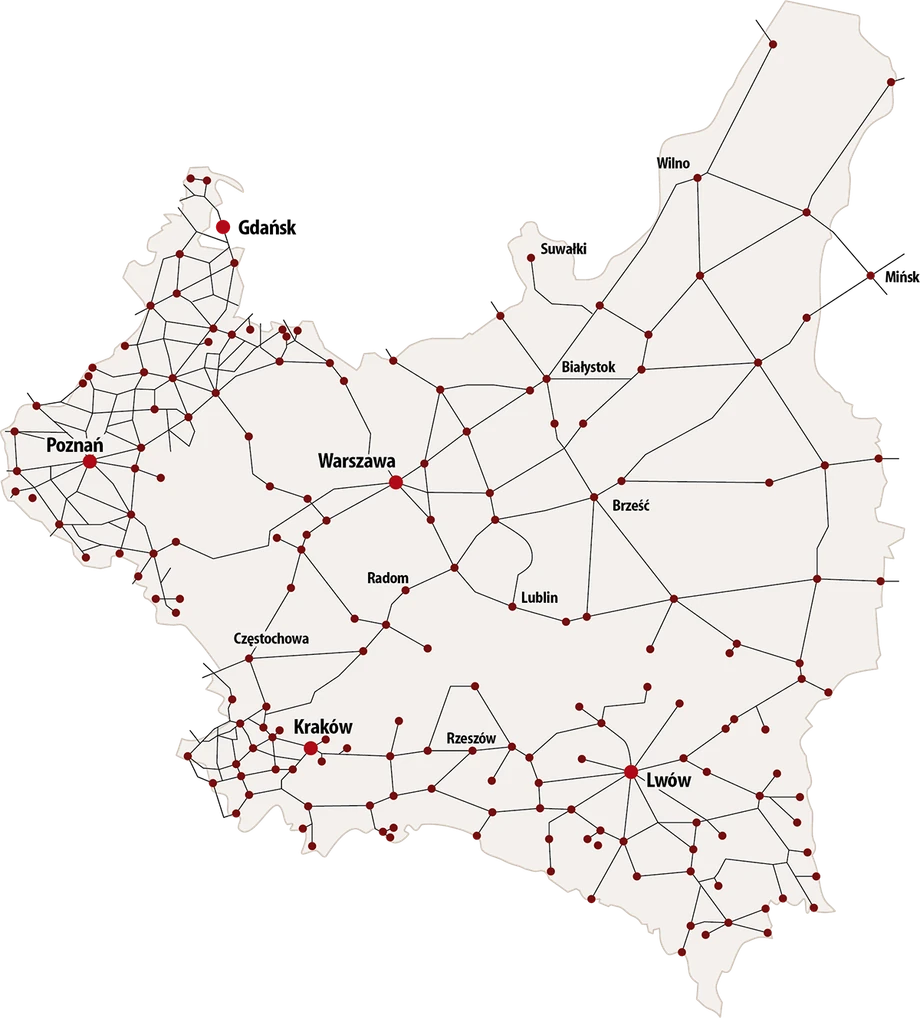 Mapa połączeń kolejowych u progu niepodległości.