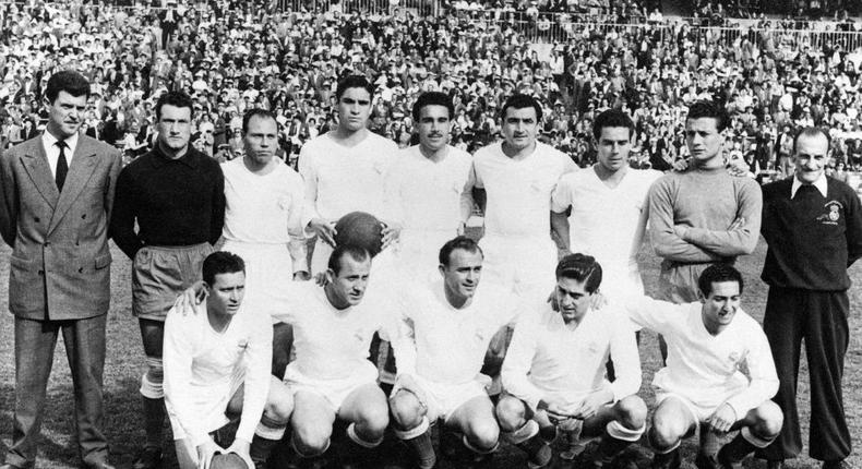 Real Madrid legend Paco Gento (bottom R) the only player to win the European Cup six times has died aged 88 the Spanish giants announced Creator: -