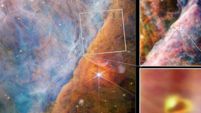 Images from the James Webb Space Telescope show a part of the Orion Nebula where methyl cation was detected in a young star system, shown in the lower right segment.ESA/Webb, NASA, CSA, M. Zamani (ESA/Webb), and the PDRs4All ERS Team