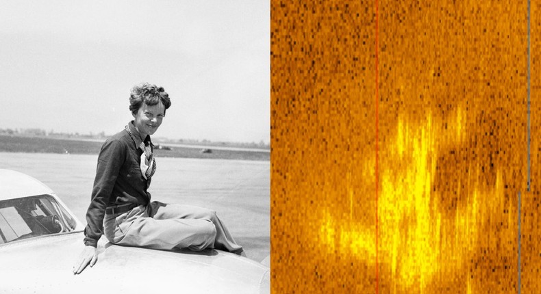 Amelia Earhart seated atop the cockpit of the twin-motored, all-metal, Lockheed-Elecktra monoplane, is pictured adjacent to a sonar image of what researchers believe may be the wreckage of her ill-fated flight.Getty Images/Deep Sea Vision