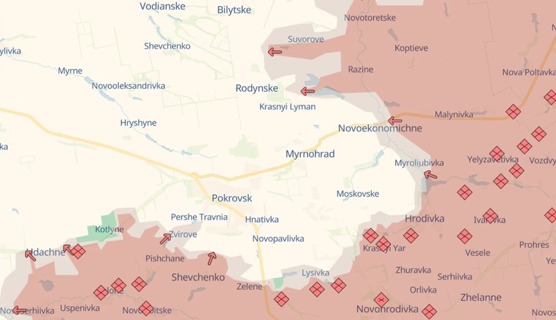 Sytuacja wokół Pokrowska - w wielu miejscach sytuacja na mapie może być już nieaktualna. Wiemy ze Rosjanie toczą walki już w samym Pokrowsku i nie są to wyłącznie grupy dywersyjne.