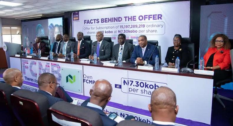 From left: The Doyen of the Nigerian capital market, Alhaji Rasheed Yusuf; CEO,  Nigerian Exchange Regulation Limited, Mr Olufemi Sobanjo; CEO, Nigerian Exchange Limited (NGX), Mr Jude Chiemeka; Group Chief Executive Officer, NGX Group, Mr Temi Popoola; Group Chief Executive, FCMB Group Plc, Mr Ladi Balogun; Executive Director, Coverage & Investment Banking of the Group, Mr Femi Badeji; Executive Director/Chief Operating Officer, Mr Gbolahan Joshua; Mrs Olapeju Sofowora and Mrs Mfon Usoro both Directors of FCMB Group Plc, during the Facts Behind the Offer Presentation of FCMB Group’s Public Offer held at the NGX in Lagos on July 30, 2024.