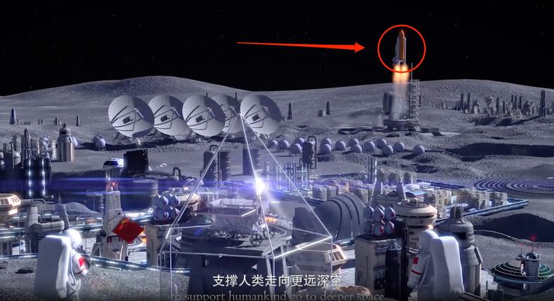 What appears to be a NASA Space Shuttle seen in CNSA's video of the lunar base.China National Space Administration