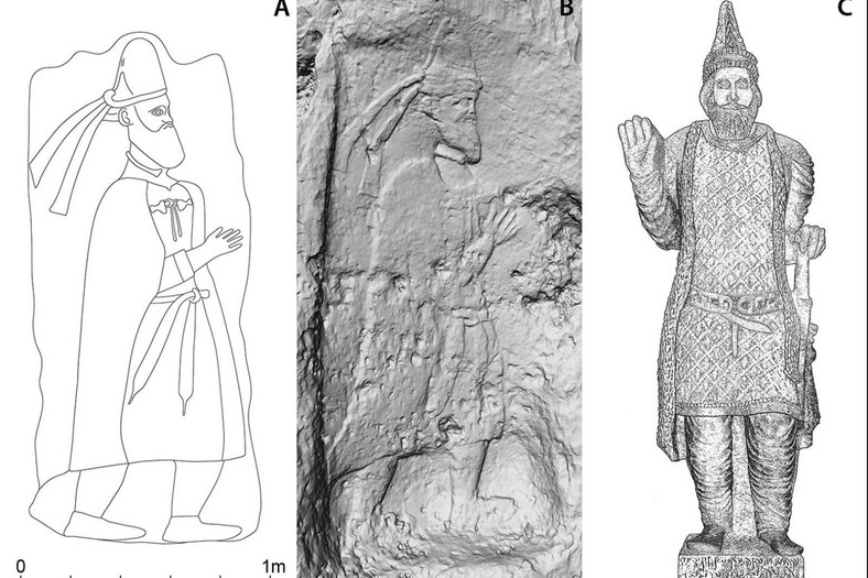 Płaskorzeźba przedstawiająca księcia w Rabana-Merquly (A/B), która przypomina rzeźbę przedstawiającą księcia Adiabene w mieście Hatra (C)