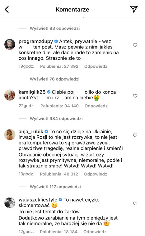 Komentarze pod postem Antoniego Królikowskiego