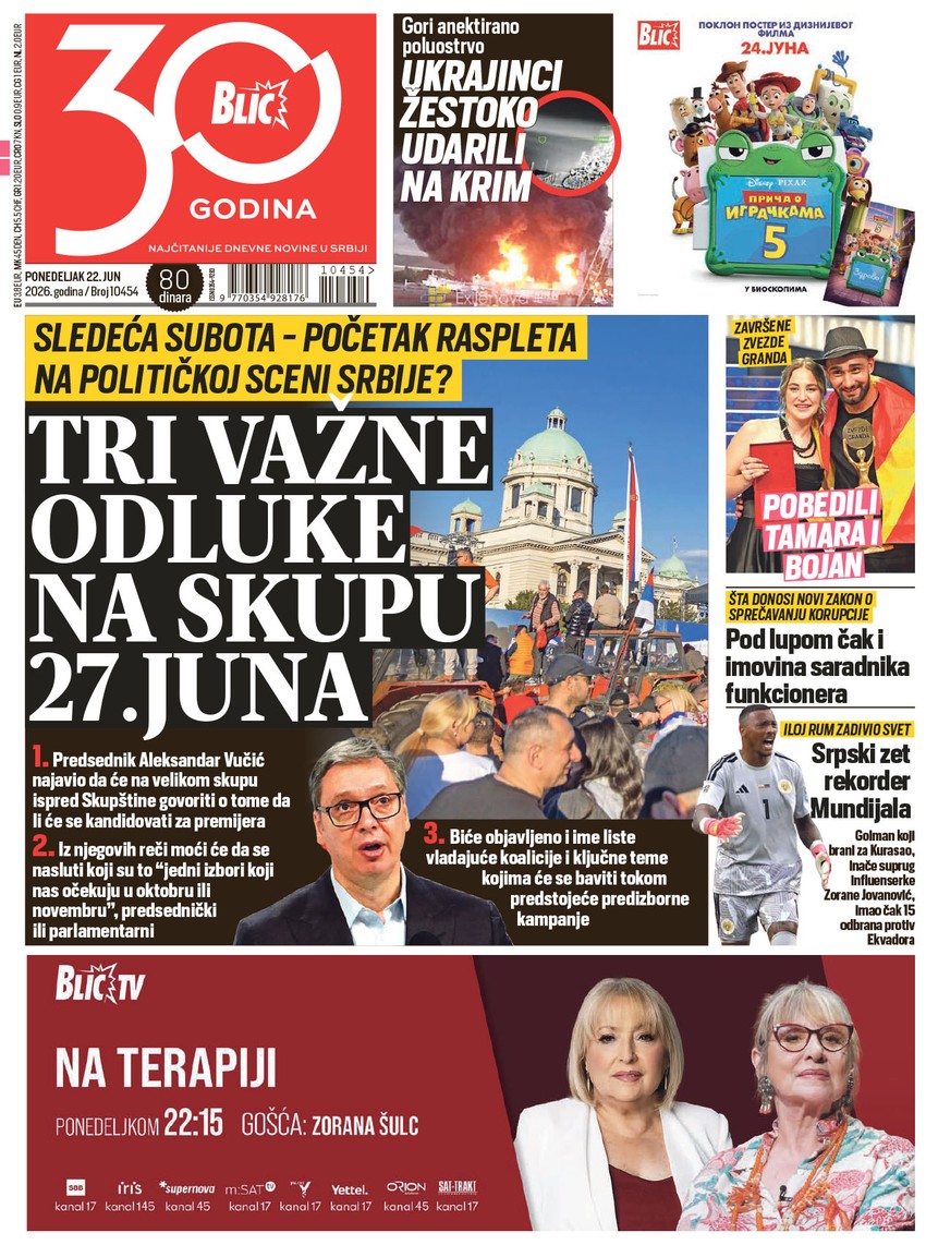 Blic naslovna strana za 22.6.