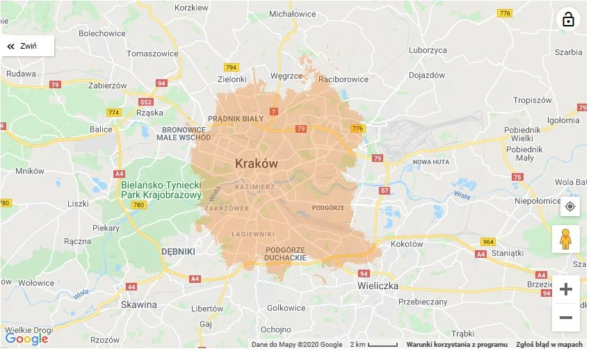 Mapa zasięgu 5G w Orange - Kraków