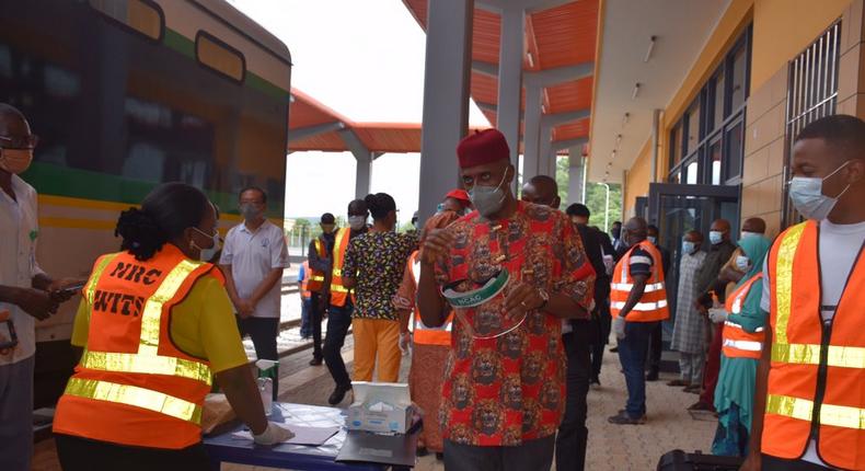 Minister of Transportation, Rotimi Amaechi at the test-run event of the Itakpe-Warri rail project. [Twitter/@ChibuikeAmaechi]