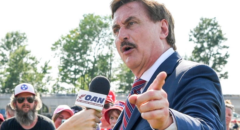 MyPillow CEO Mike Lindell is interviewed by the One America News Network during former U.S. president Donald Trump's rally at the Lorain County Fairgrounds in Wellington, Ohio, U.S., June 26, 2021.