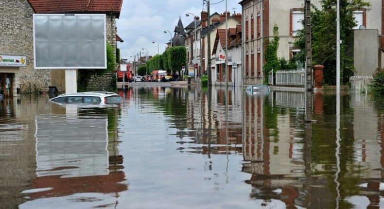 This photo taken on June 1, 2016 shows the flood streets of the town of Montargis, south of Paris