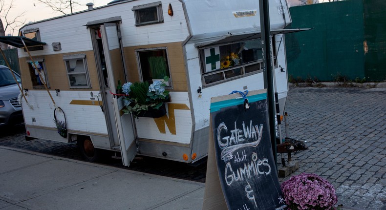 A pop-up cannabis dispensary operating out of a mobile camper in Brooklyn, NY.Andrew Lichtenstein/Getty Images