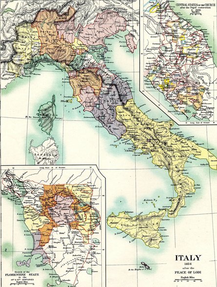 Mapa Italii z 1454 r. z wyróżnieniem ówczesnego terytorium Państwa Kościelnego i Republiki Florenckiej