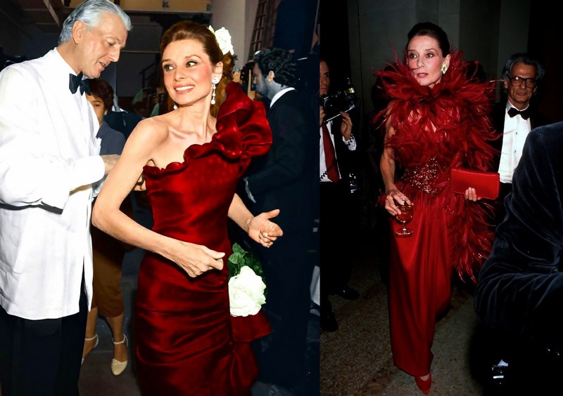 Dobrí priatelia - dizajnér Hubert de Givenchy a Audrey Hepburn počas retrospektívy jeho návrhov v roku 1987.