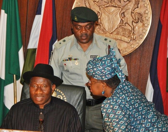 Former president, Goodluck Jonathan, with former Minister of Finance, Ngozi Okonjo-Iweala during a federal executive council meeting (Presidency) 