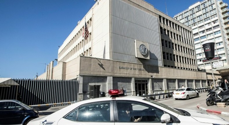 The exterior of the US Embassy building in the Israeli coastal city of Tel Aviv