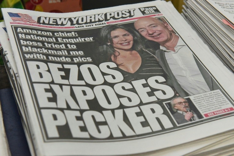 The New York Post cover highlights the story of Amazon CEO revealing what was described as an intimidation attempt by the supermarket tabloid National Enquirer and its publisher David Pecker