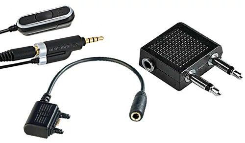 Adapter firmy Monster uzupełnia zwykłe słuchawki o mikrofon i proste sterowanie (po lewej). Przydatne w wypadku słuchania muzyki z telefonu. Przejściówka  zamienia niestandardowe wyjście słuchawkowe telefonu w uniwersalne gniazdo mini-jack (na dole).  Niewielki adapter pozwala z kolei podłączyć ulubione słuchawki do systemu audio-wideo w samolocie (po prawej)
