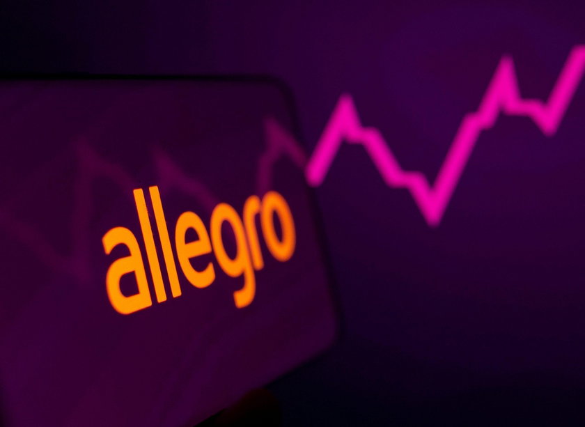 Allegro logo is seen on the smartphone in front of displayed stock graph in this illustration