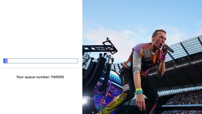 A collage of ticketmaster queue screengrab and Chris Martin of Coldplay performing on stagePeter Byrne/PA Images via Getty Images