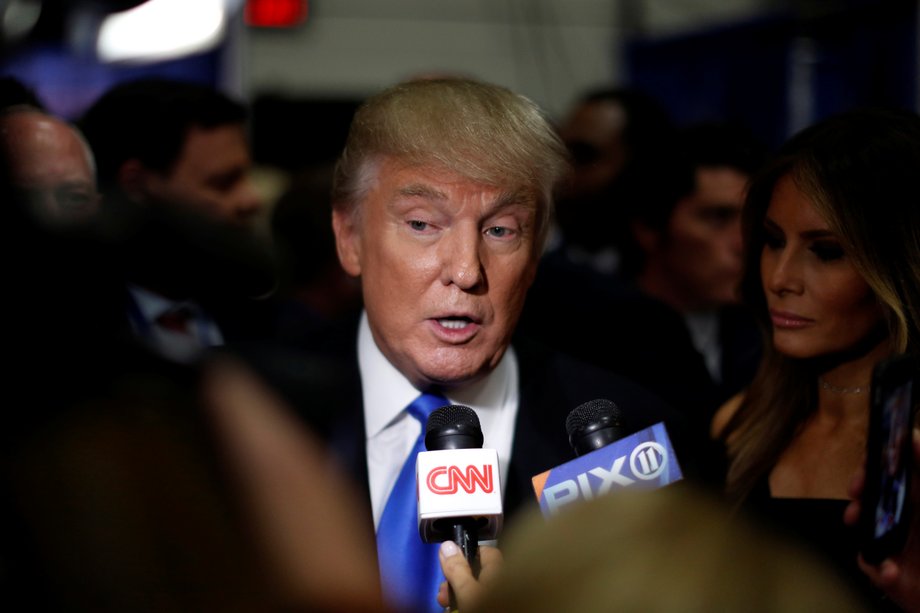 Donald Trump with reporters on Monday night after the first presidential debate.