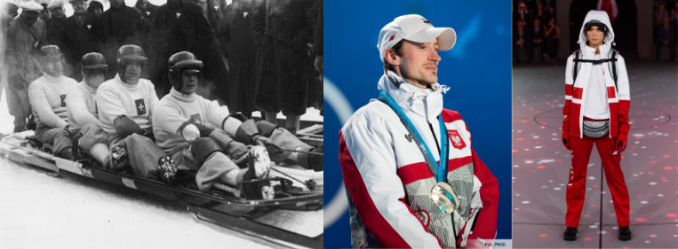 Od lewej: zdjęcie szwajcarskiej czwórki bobslejowej nr 1: Reto Capadrutt, Hans Aichele, Fritz Feierabend, Hans z 1936 roku, w środku Adam Małysz na igrzyskach w Vancouver 2010 (zdjęcie: PKOL), po prawej najnowsza Kolekcja Olimpijska PYEONGCHANG 2018