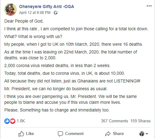 Gifty Anti's Facebook post