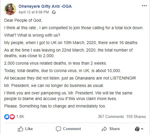 Gifty Anti's Facebook post