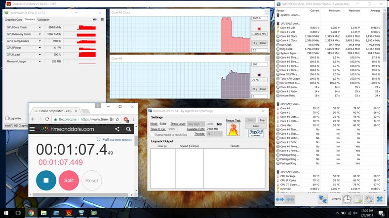 Taktowanie CPU i GPU po kilku sekundach obciążenia – 1397 MHz i 850 MHz