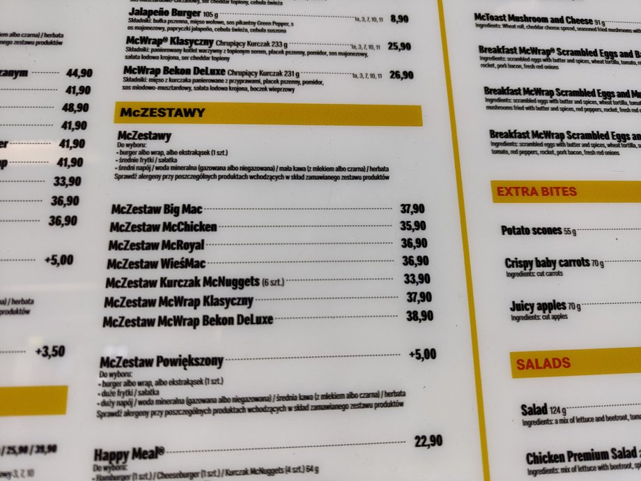 Menu lotniskowego McDonald'sa