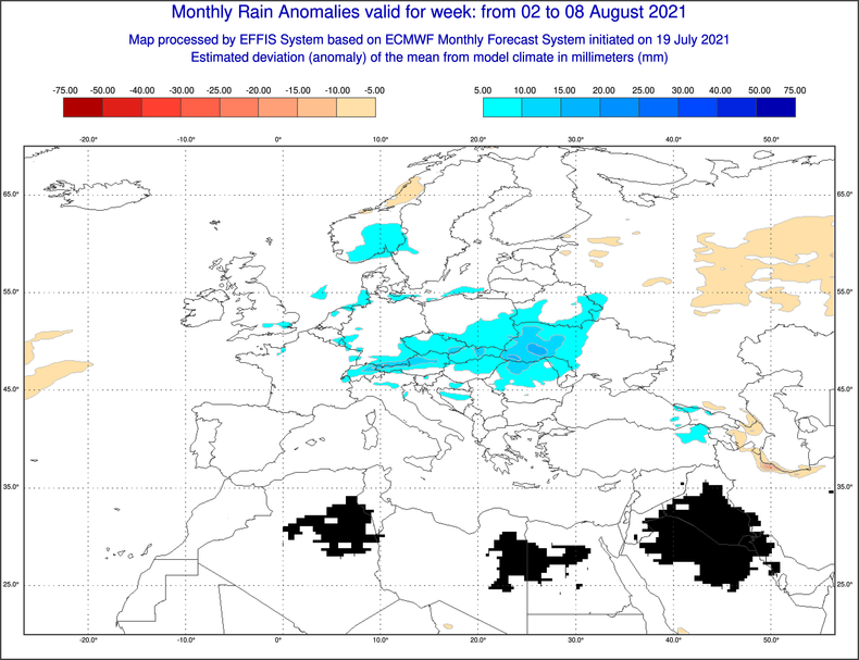 Prognoza odchylenia opadów od średniej (2-8.08)