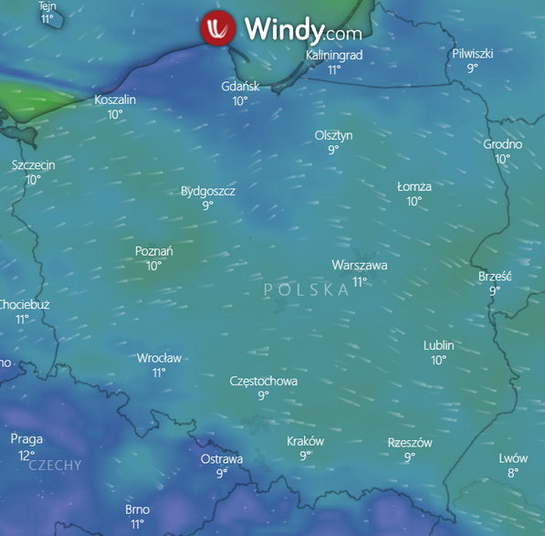 Prognozowany wiatr, 18 października 2021 r