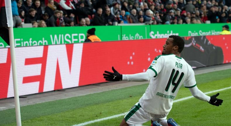 Alassane Plea celebrates scoring for Borussia Moenchengaldbach