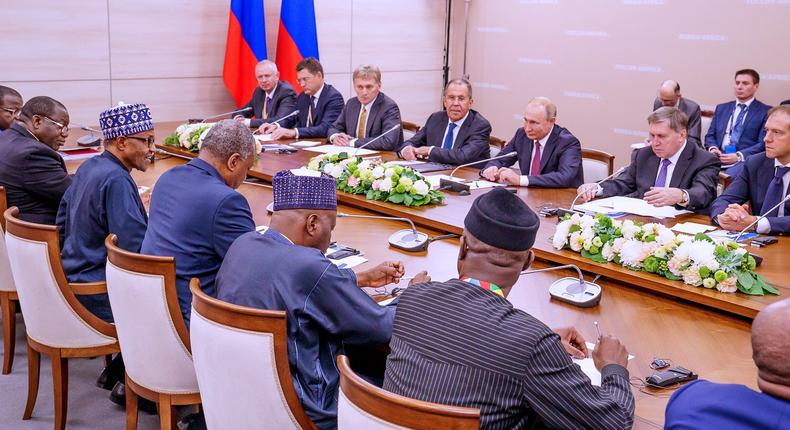 President Muhammadu Buhari and his entourage during a bilateral meeting with his Russian counterpart Vladimir Putin. [Twitter/@BashirAhmaad]