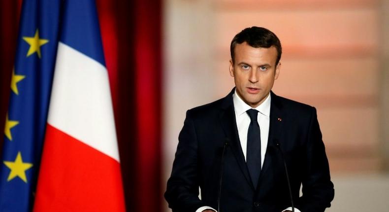 French President Emmanuel Macron speaks during his formal inauguration ceremony as French President in the Salle des Fetes of the Elysee presidential Palace on May 14, 2017 in Paris