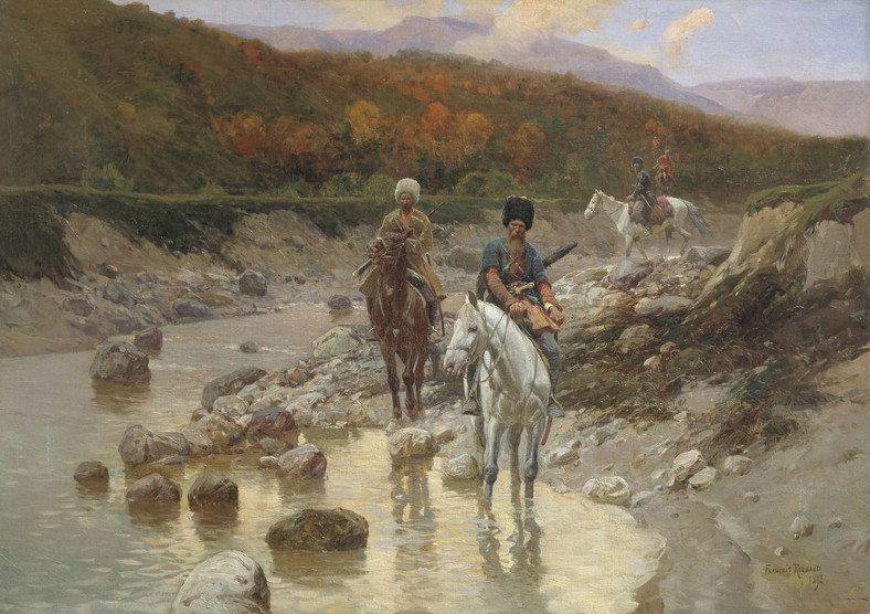 Kozacy nad górską rzeką - obraz Franza Roubauda