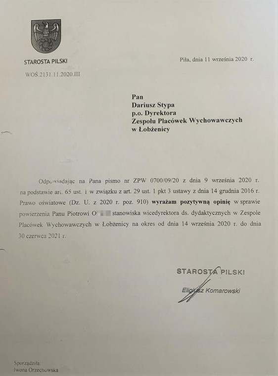 Pozytywna opinia starosty Komarowskiego dla Piotra O.