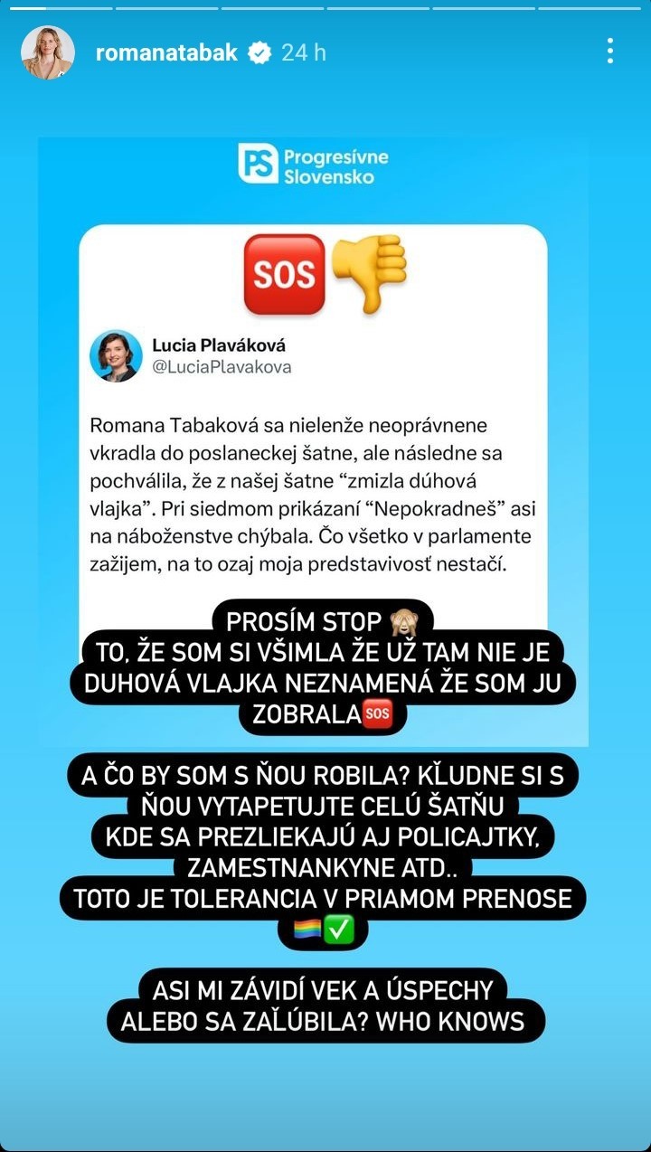Romana Tabaková reaguje na obvinenie Lucii Plavákovej, že zo šatne ukradla dúhovú vlajku.