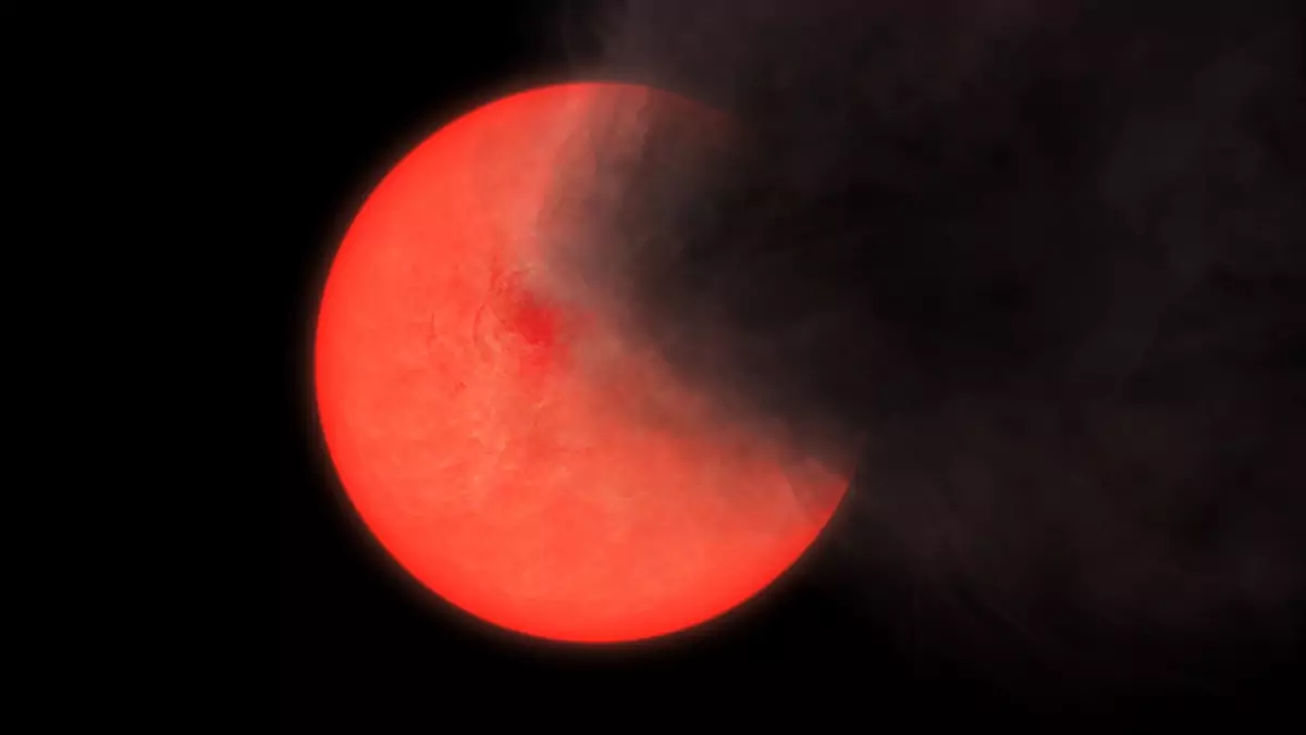 Wizja artystyczna przedstawiająca chmurę dymu i pyłu wyrzucaną przez czerwonego olbrzyma Widziana z lewej strony gwiazda pozostaje jasna, ale oglądana z prawej strony staje się niewidzialna