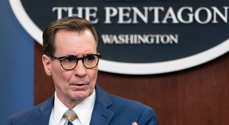 Pentagon press secretary John Kirby speaks during a media briefing at the Pentagon on February 14, 2022.