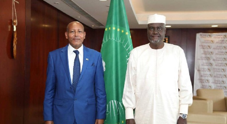 Israel's ambassador to Ethiopia, Aleleign Admasu (left) with AUC chair Moussa Faki Mahamat