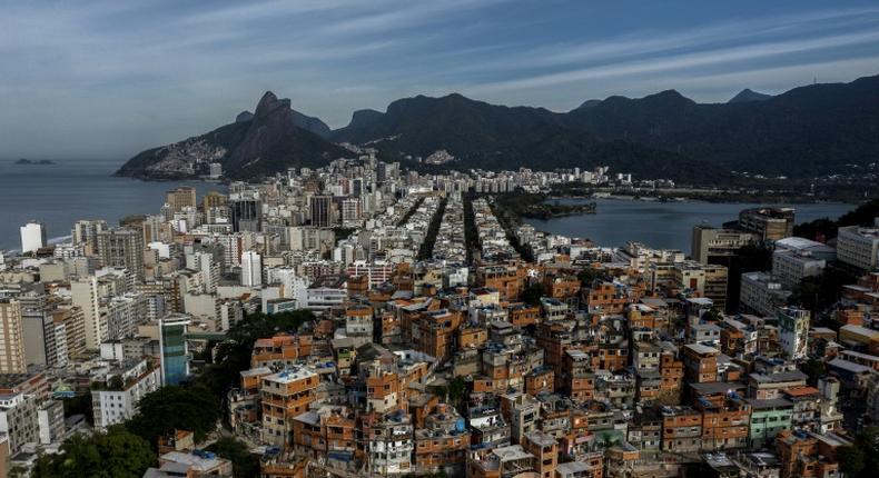 Aerial view showing the Pavao-Pavaozinho favela surrounded by the neighbourhoods of Copacabana, Ipanema and Lagoa. A judge has banned police raids on favelas during the coronavirus pandemic