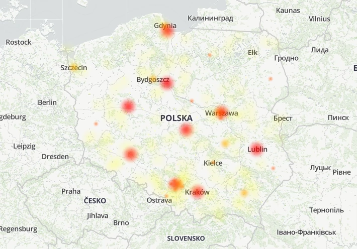 Mapa zgłoszeń awarii z serwisu Downdetector.pl