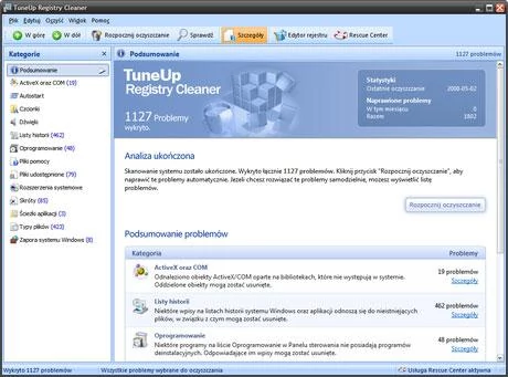 TuneUp Registry Cleaner – wynik analizy wpisów w systemowym rejestrze.