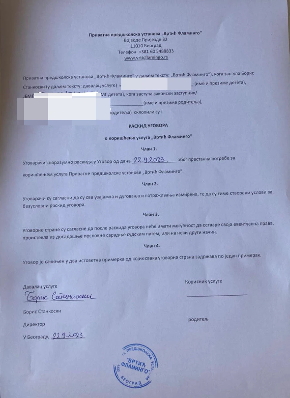 Raskid ugovora sa vrtićem "Flamingo" za koji majka tvrdi da joj je bio podmetnut